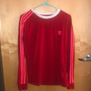 Medium(?) Red Adidas long sleeve with pink stripes down sleeves